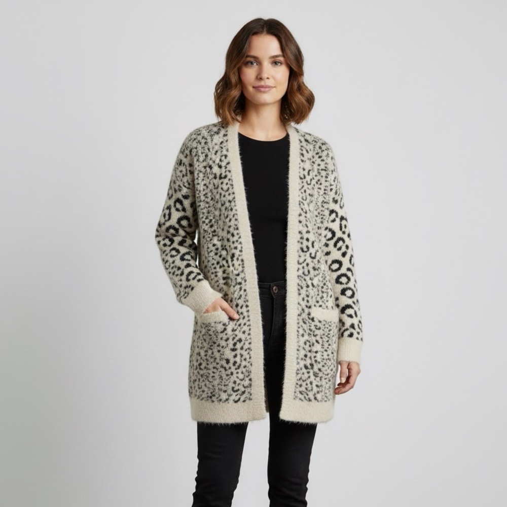 Cozy Leopard Print Knit Open Front Cardigan w/ Pockets - Soft & Warm! Size M